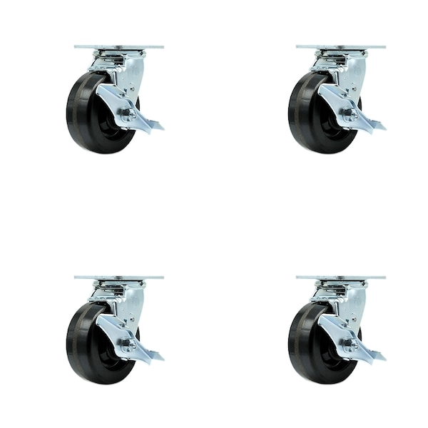 5 Inch Phenolic Swivel Caster Set with Roller Bearings and Brakes